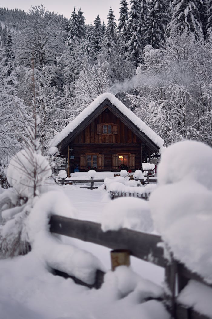 Rustic wooden cabin surrounded by snow-covered forest in Austria. Capturing serene winter beauty.