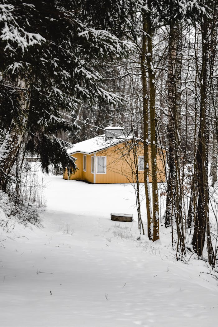 A charming yellow cabin nestled in a snowy forest in Helsinki, Finland.
